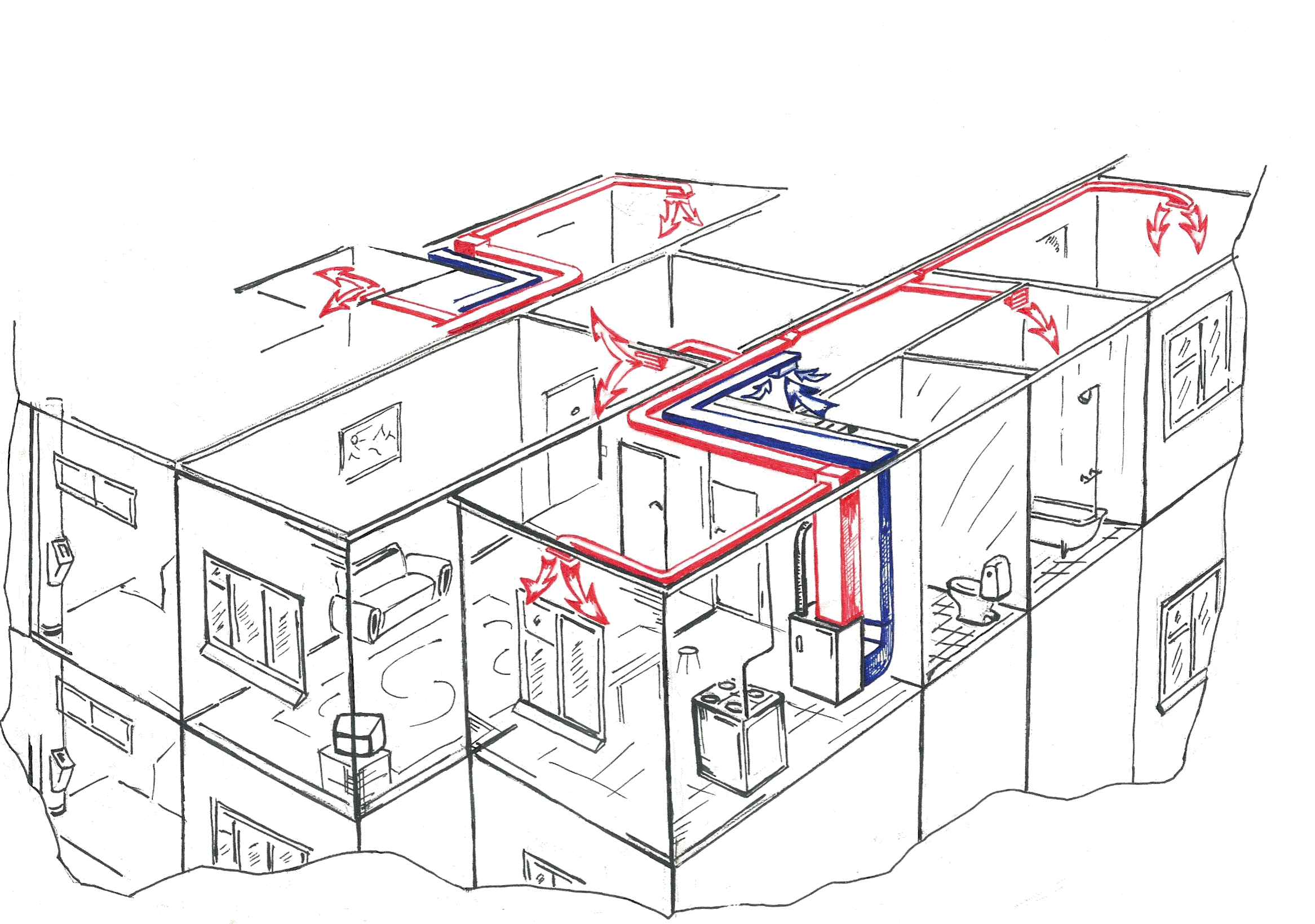 Проектирование воздуха отопления. Система приточно-вытяжной вентиляции в многоквартирном доме. Вытяжная венткамера. Вытяжная вентиляционная система в1. Схема приточно вытяжной вентиляции в газоблочном доме.