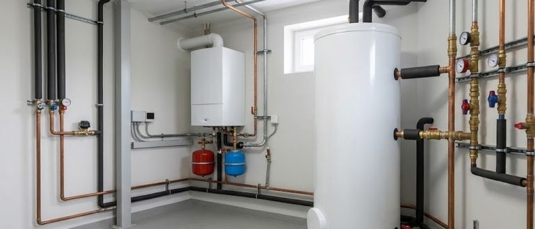 Бойлер косвенного нагрева в котельной рядом с газовым котлом