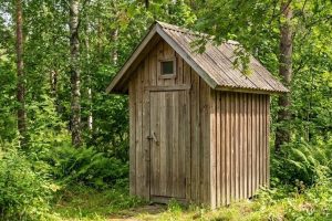 Деревянный дачный туалет с двускатной крышей на участке