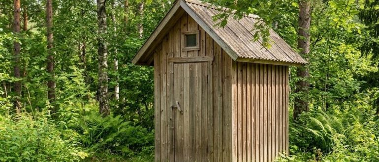 Деревянный дачный туалет с двускатной крышей на участке