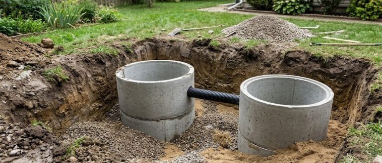 Две бетонные камеры выгребной ямы с переливной трубой в котловане