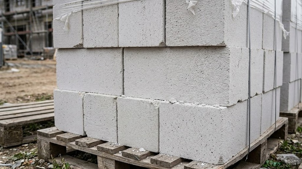 Газобетонные блоки сибит на поддонах на стройплощадке