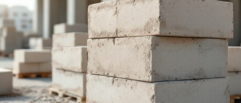 Керамзитобетонные блоки на поддонах на строительной площадке