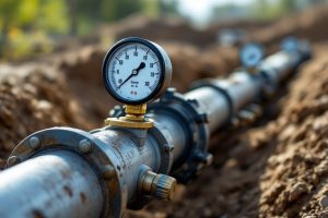 Манометр и запорная арматура на стальном газопроводе