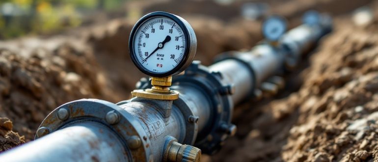 Манометр и запорная арматура на стальном газопроводе