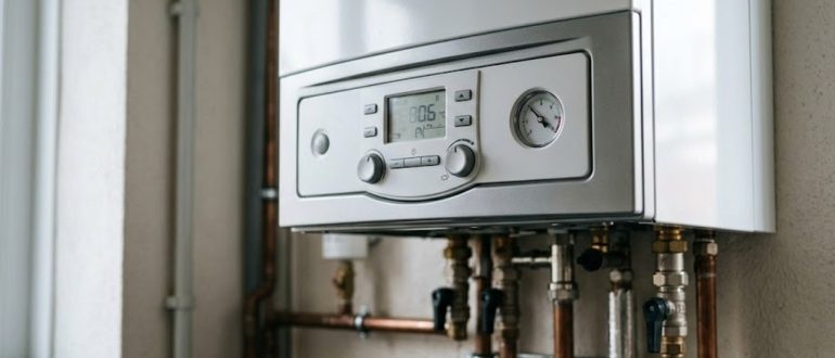 Настенный газовый котёл с дисплеем и манометром в котельной