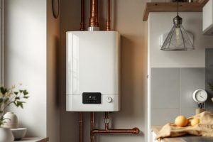 Настенный газовый котёл с цифровым дисплеем в котельной