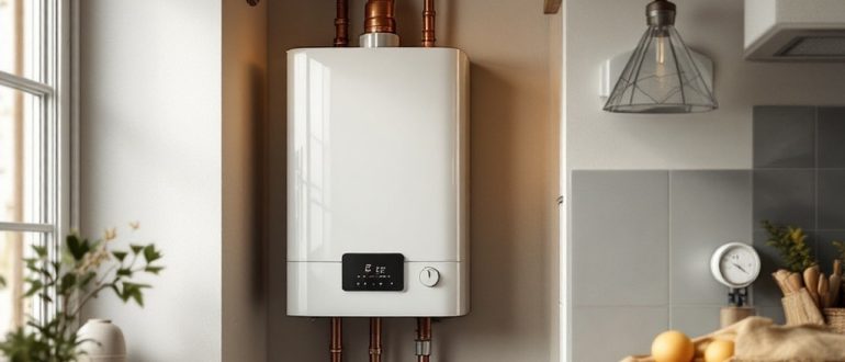 Настенный газовый котёл с цифровым дисплеем в котельной