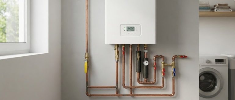 Настенный газовый котёл с цифровым дисплеем в котельной