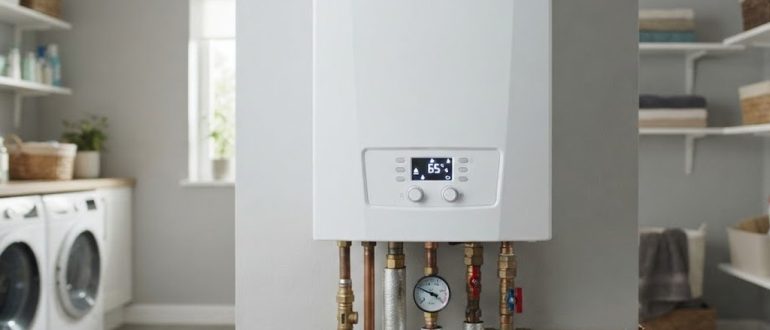 Настенный газовый котёл с включённым дисплеем в котельной