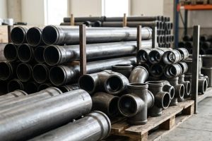 Новые чугунные канализационные трубы и фасонные части на складе