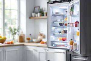 Открытая морозильная камера холодильника с инеем на стенках