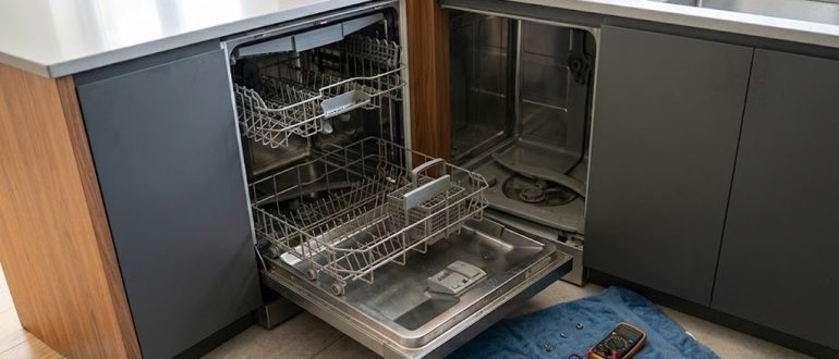 Открытая посудомоечная машина и инструменты для самостоятельного ремонта