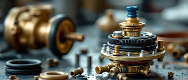 Разобранный латунный водяной узел газовой колонки с мембраной и уплотнительными кольцами