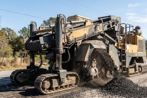 Ресайклер с фрезерным барабаном перерабатывает старое асфальтовое покрытие