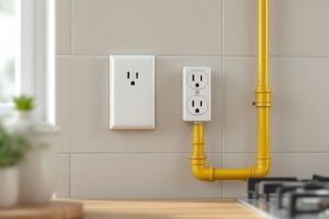 Розетка на безопасном расстоянии от газовой трубы на кухне