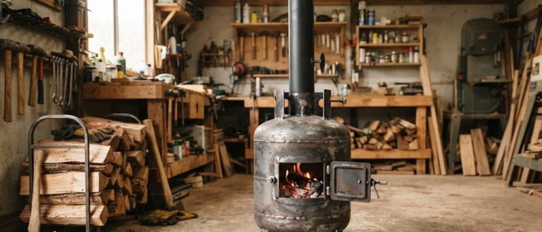 Самодельная печь-буржуйка из газового баллона с дымоходом в мастерской