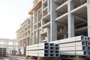 Сборные железобетонные ригели на площадке складирования