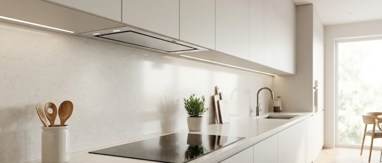 Современная кухня с рециркуляционной вытяжкой над варочной панелью
