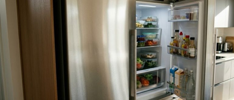 Современный холодильник на светлой кухне с приоткрытой дверью