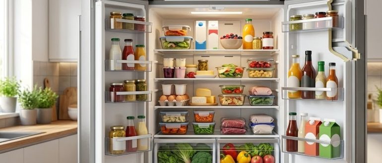Современный холодильник с аккуратно расставленными продуктами на полках
