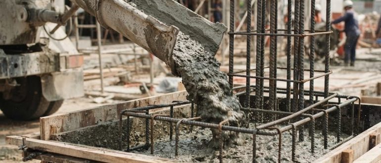Заливка бетона М350 в опалубку с арматурным каркасом