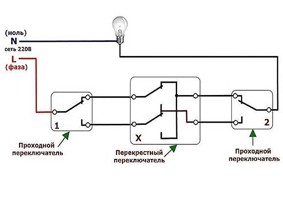 Схема подключения проходного двухклавишного выключателя